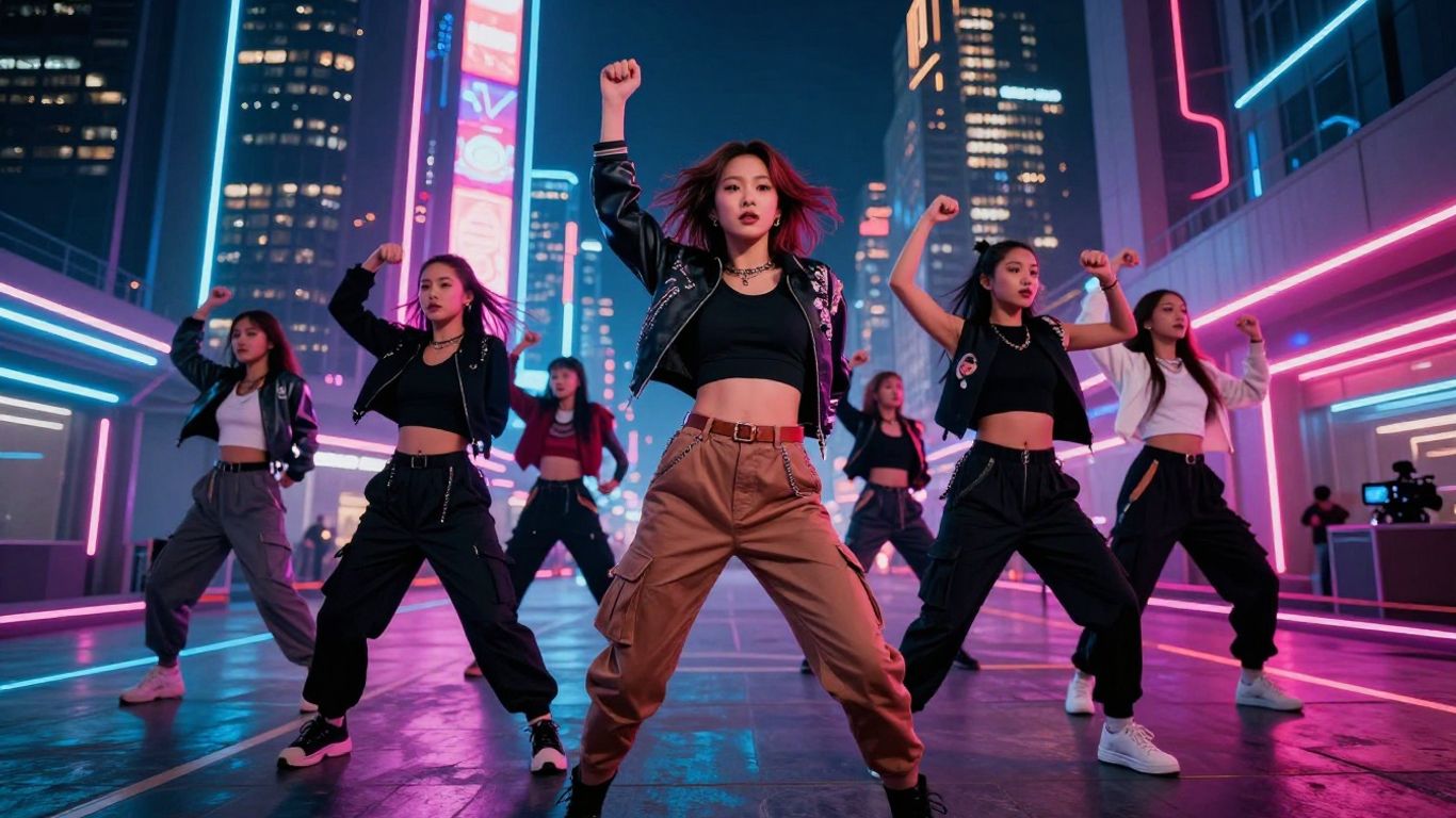 AI-generated music video scene with dancers and cityscape.