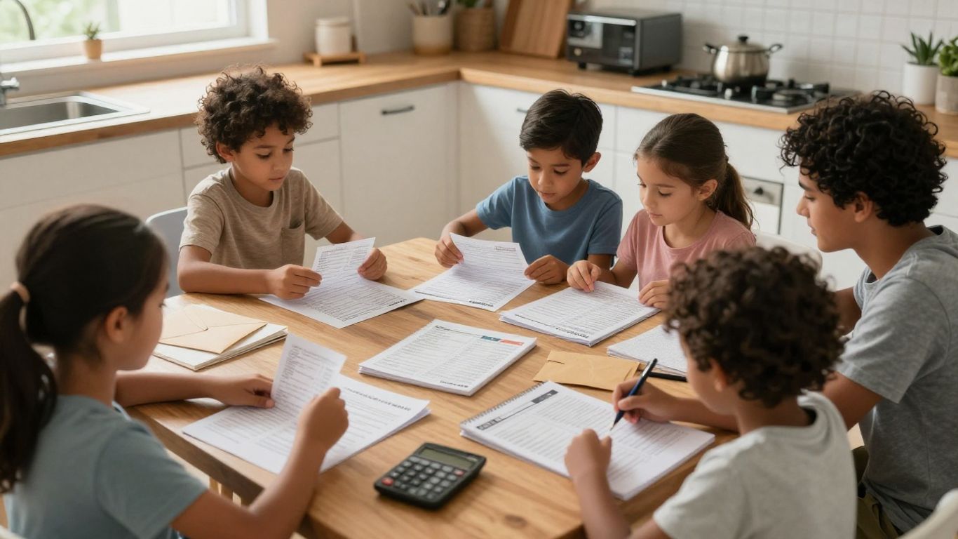 Familia revisando recibos escolares en casa