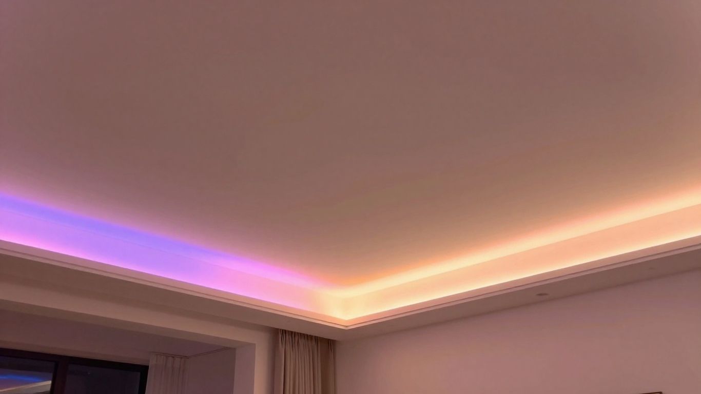 Ceiling LED strip lights creating ambient mood lighting in a room.