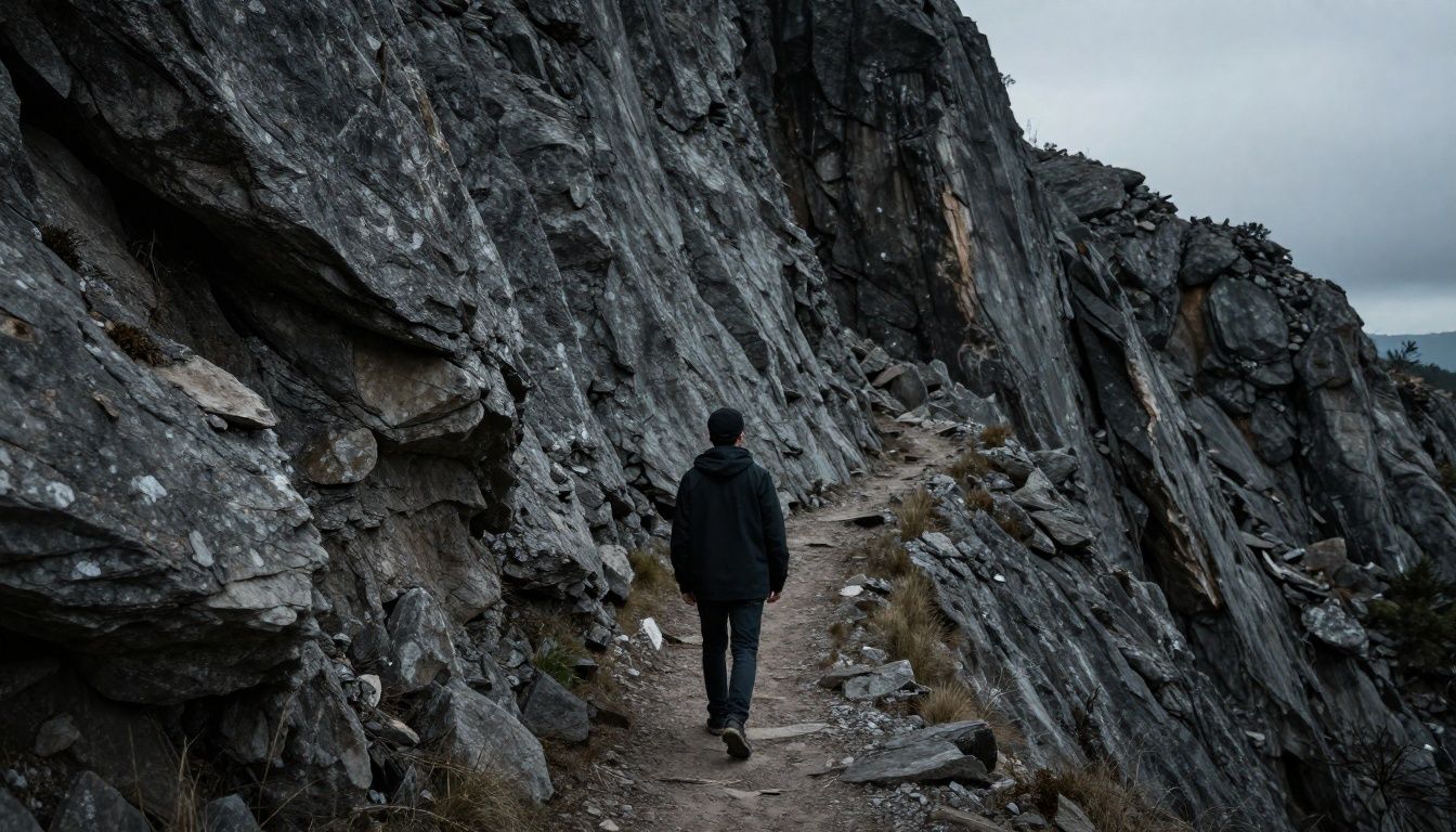 Personagem solitário caminhando por uma trilha enigmática e obscura na beira de um precipício