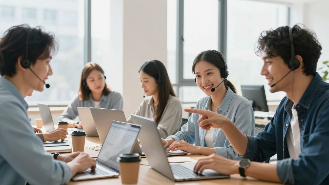 Customer support interns working in a modern office.