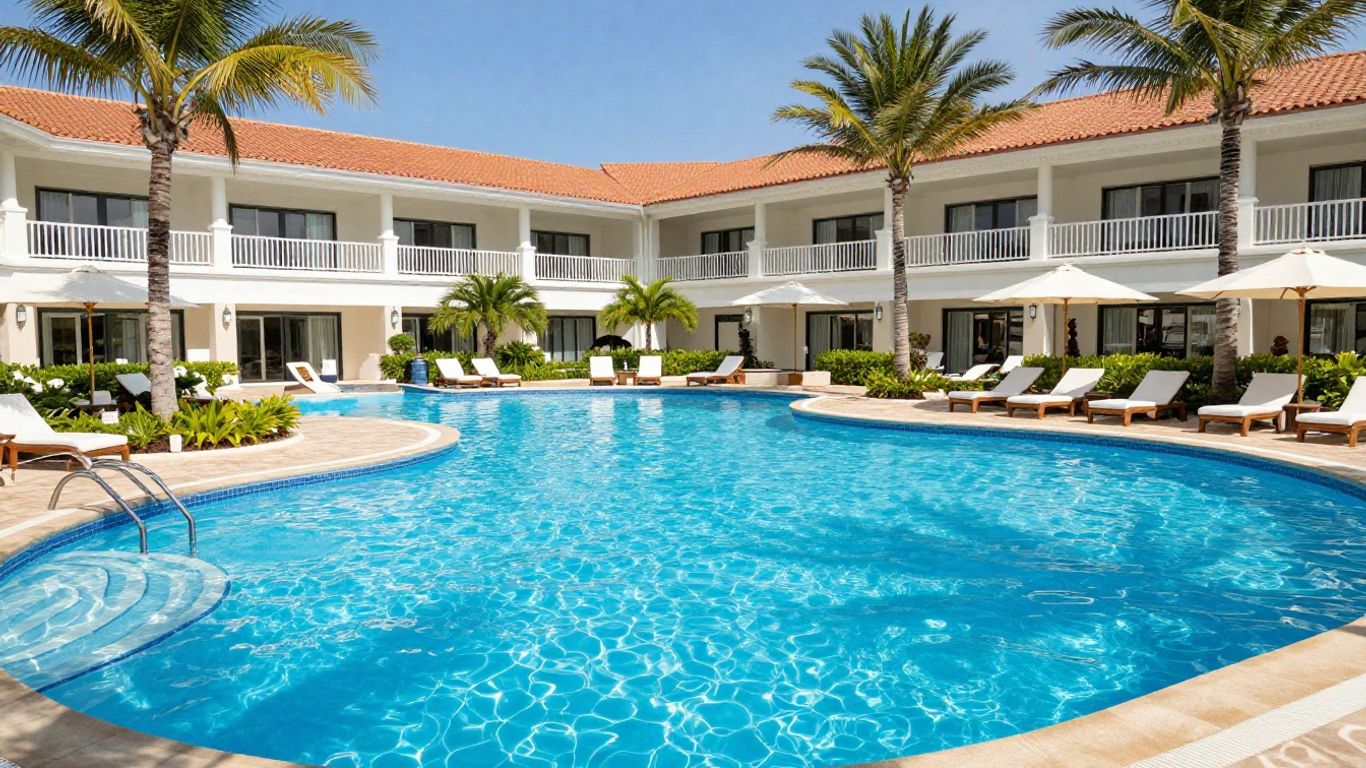 H10 Rubicon Palace resort pool with palm trees and hotel.