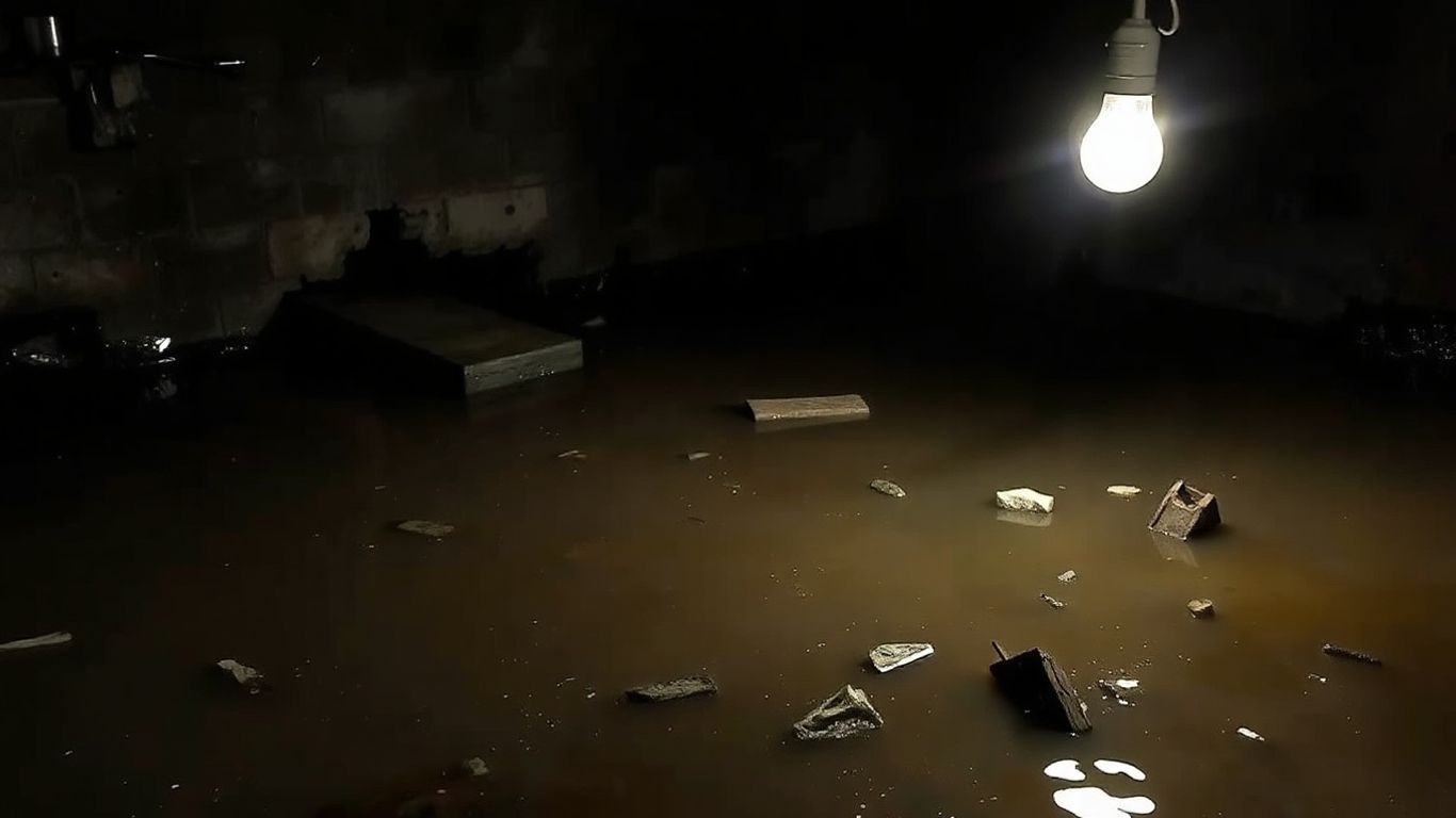 Flooded basement with murky water and debris.
