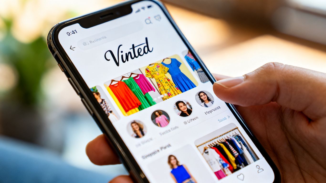 Vinted App auf einem Smartphone mit Kleidung