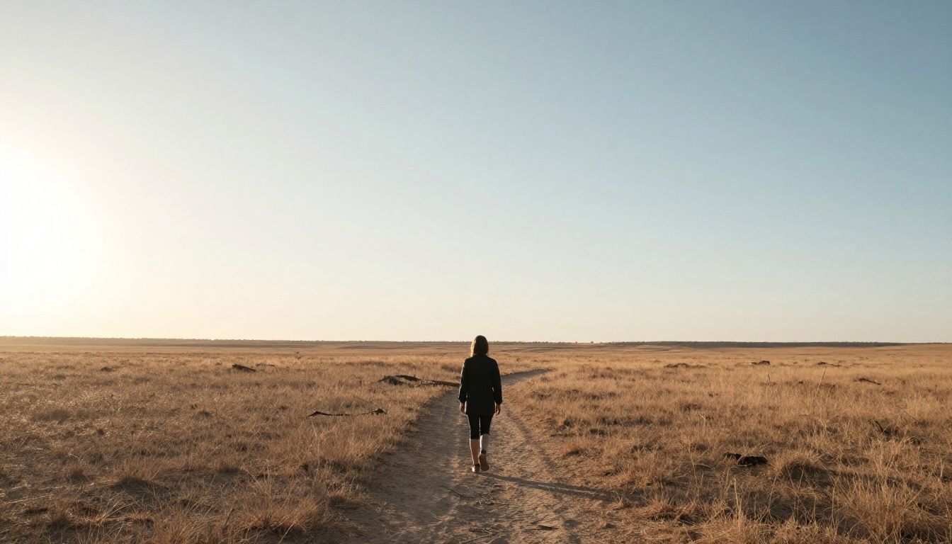 A lone person walking on a path through a vast, dry, but beautiful desert landscape at sunrise, conveying a sense of solitude and hope.
