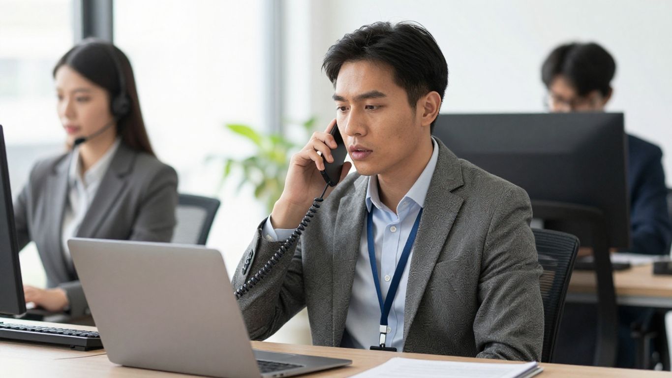 Personne parlant au téléphone dans un bureau.