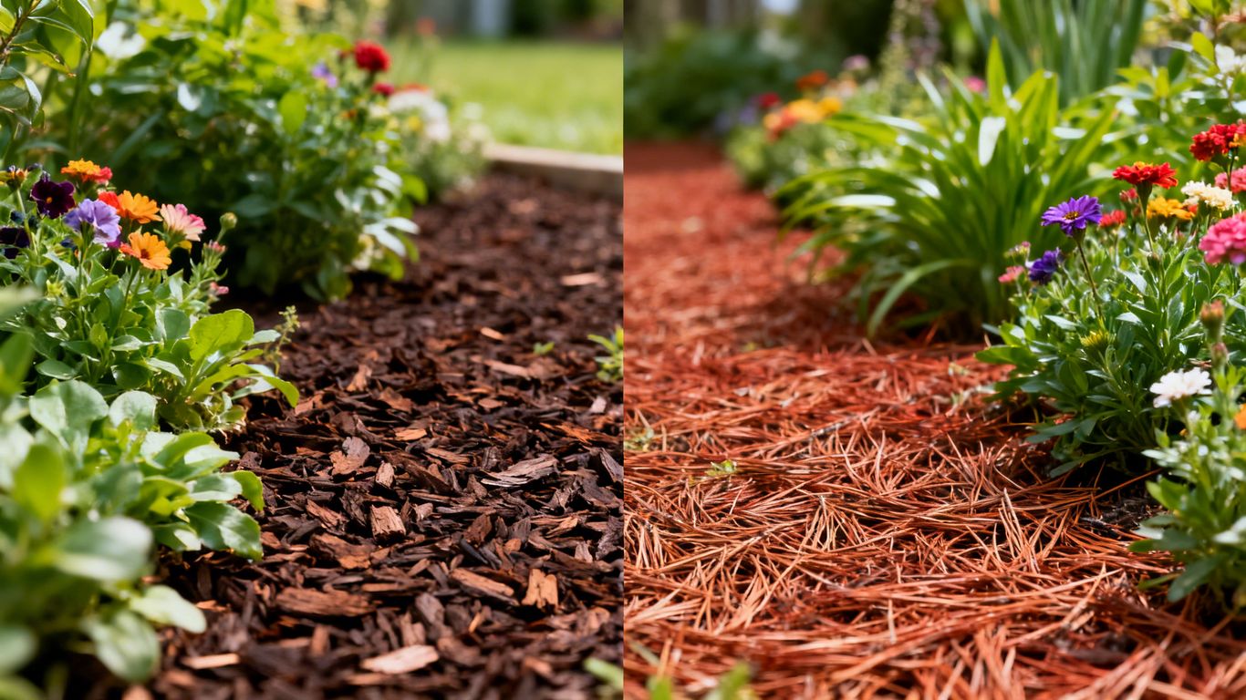 Mulch and pine straw ground cover in a garden.