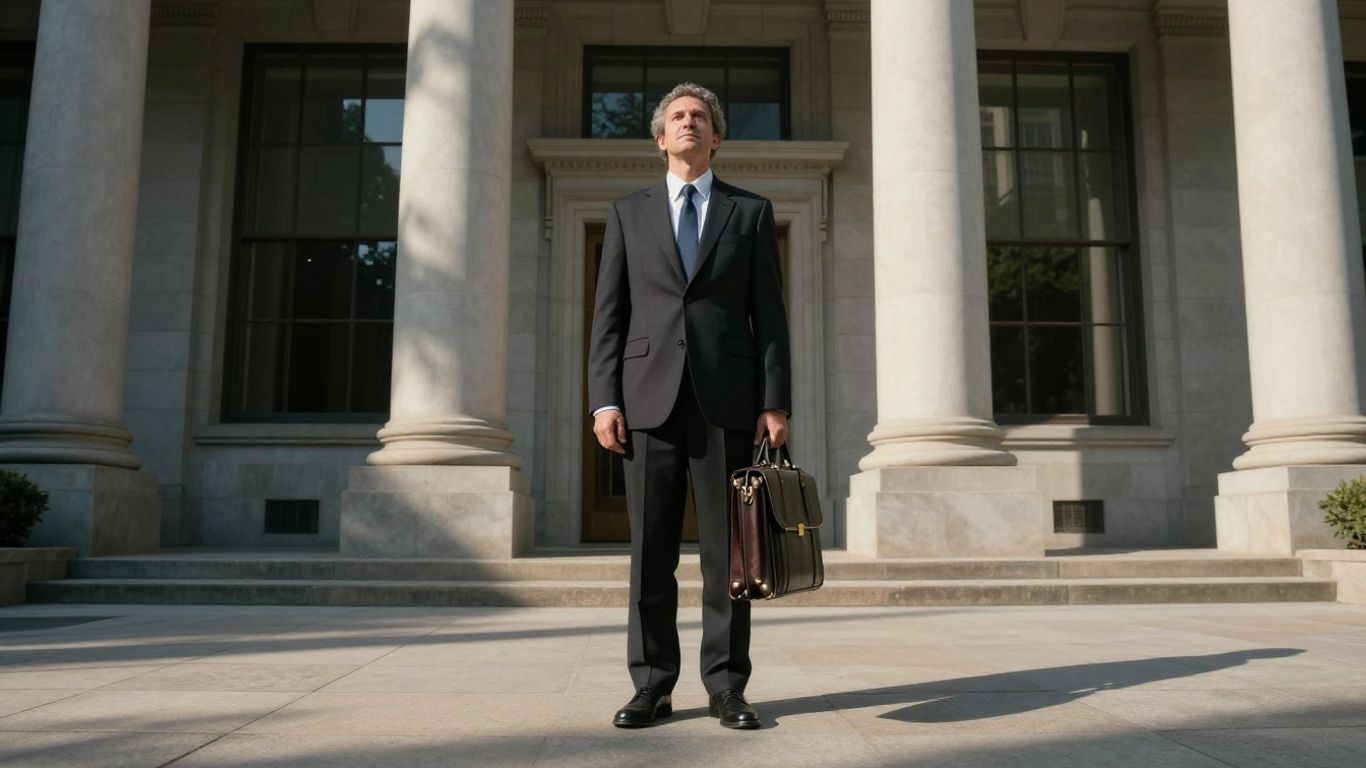 Person outside courthouse with briefcase, seeking asylum.