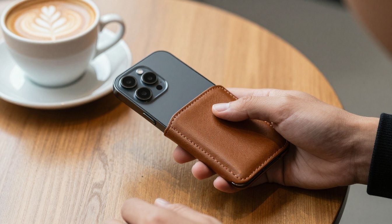 A person in a modern Australian cafe paying for their flat white coffee by tapping their iPhone 15 Pro, which is housed in a sleek leather wallet case.