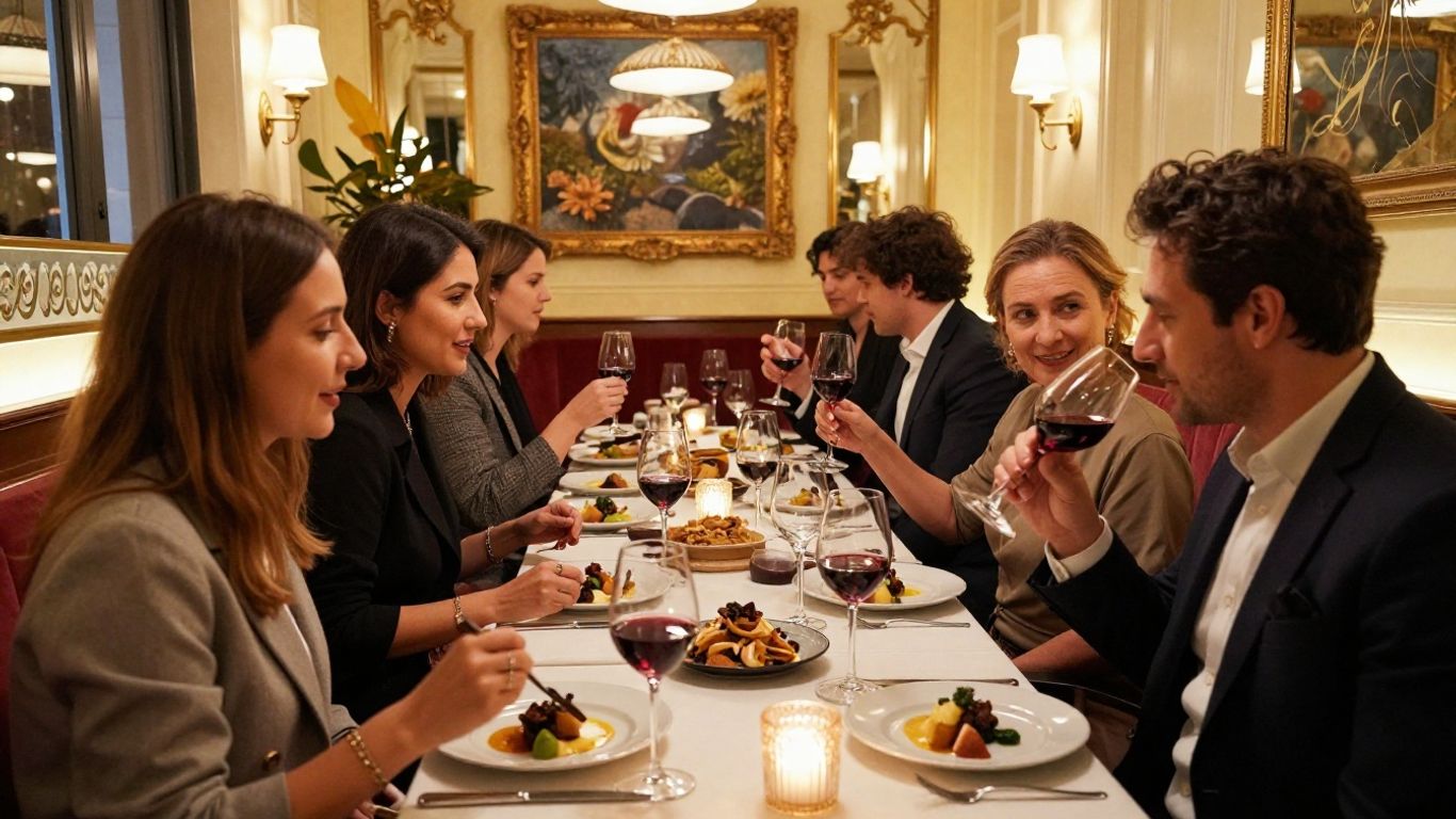 Chic Parisian restaurant interior with elegant diners and gourmet food.