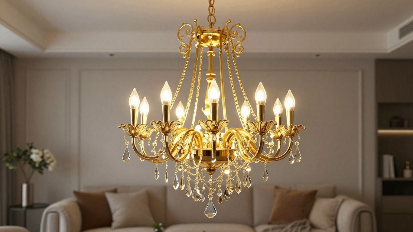 Elegant gold chandelier in a modern living room.