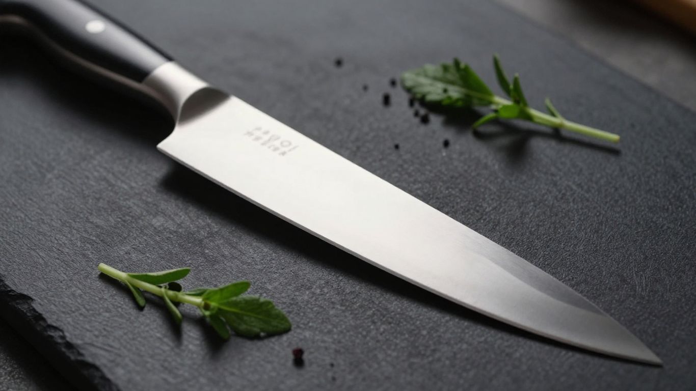 High-end chef's knife on a cutting board with herbs.