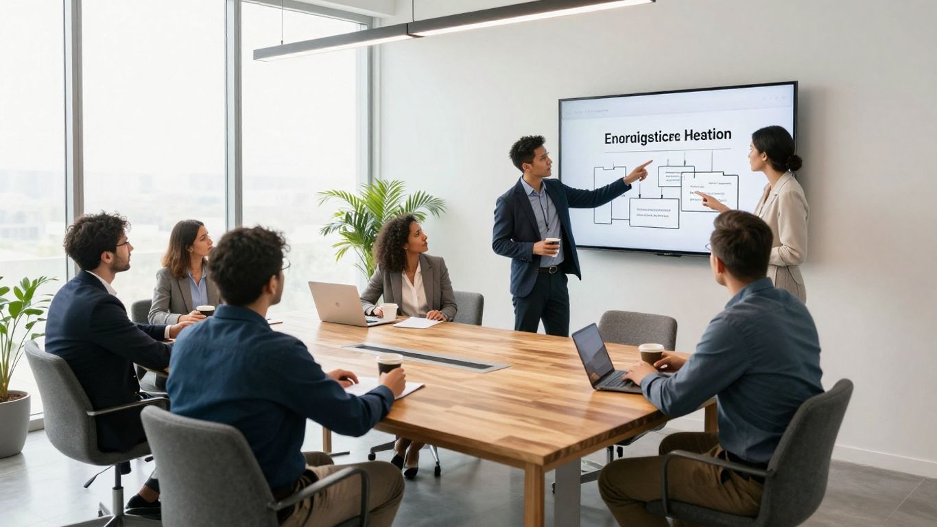 Team coordinating complex campaign workflows in an open office