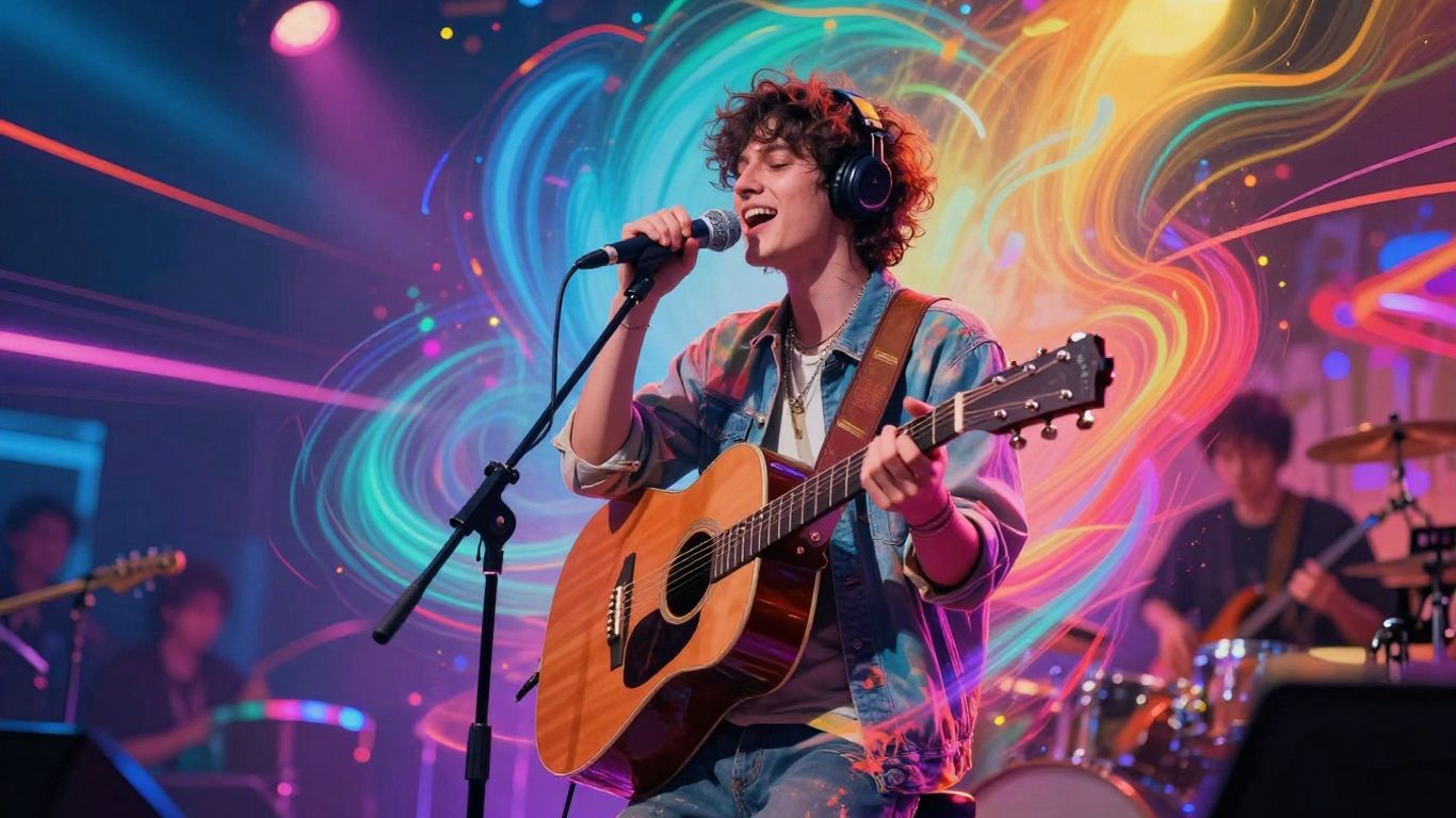 Indie musician performing with AI-generated visual effects.