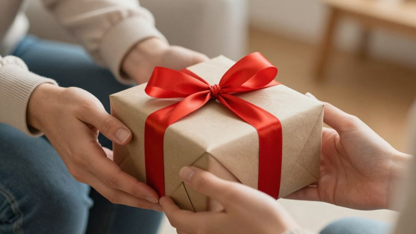 Couple exchanging a Valentine's Day gift.