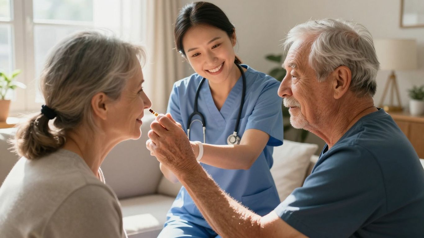 Healthcare professional giving medication to an elderly patient.