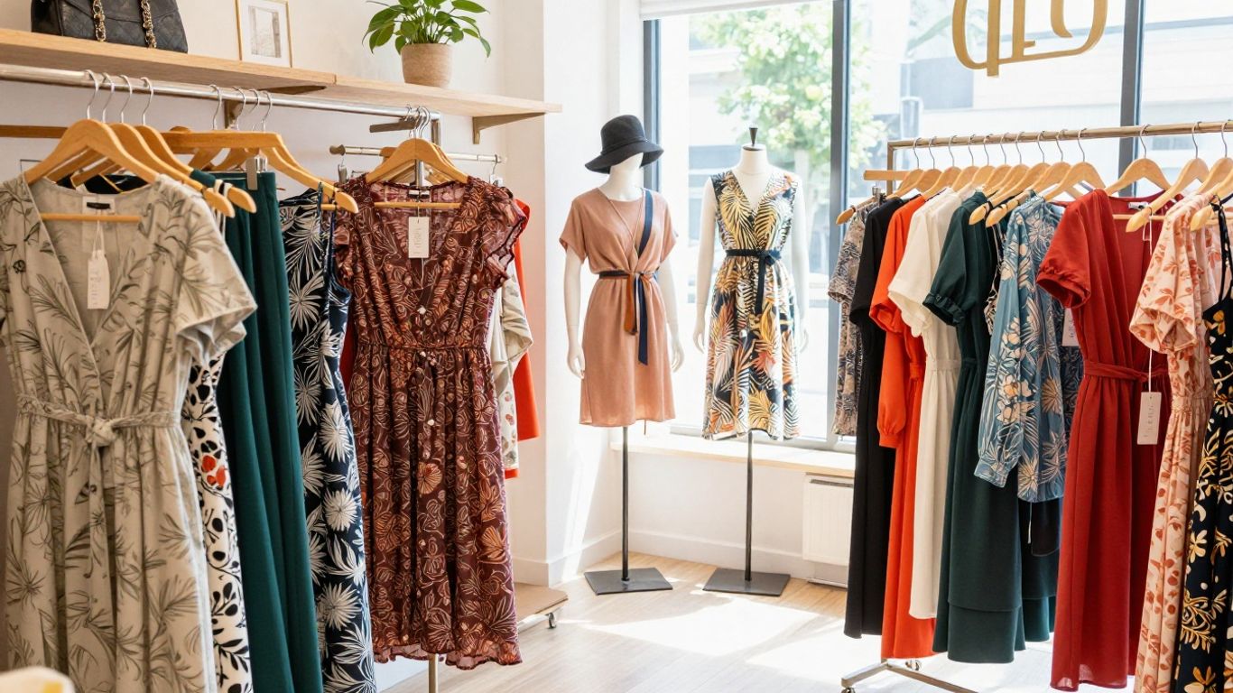 Women's fashion sale racks with stylish clothing.