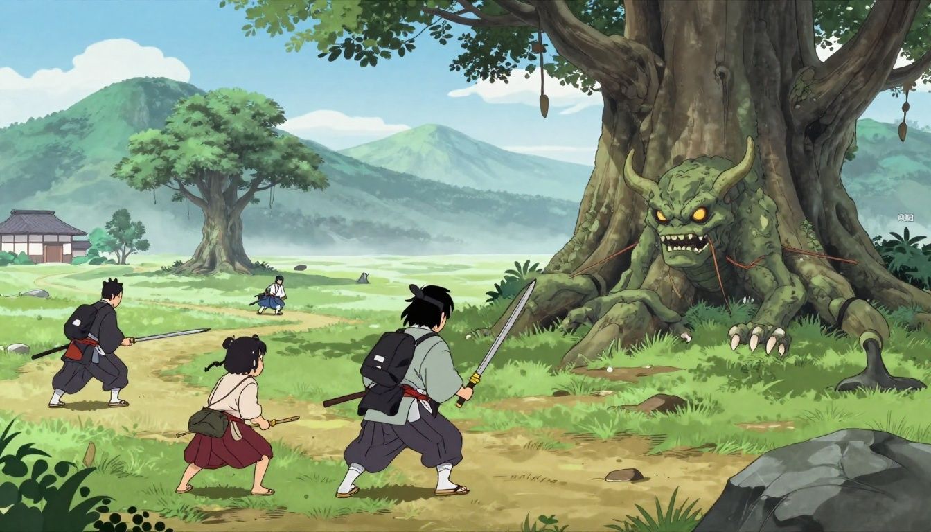 A valente caçador em combate contra um monstro formidável em uma paisagem montanhosa inspirada no período feudal japonês