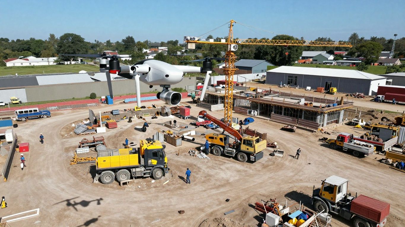 Drone surveying a busy construction site from above.