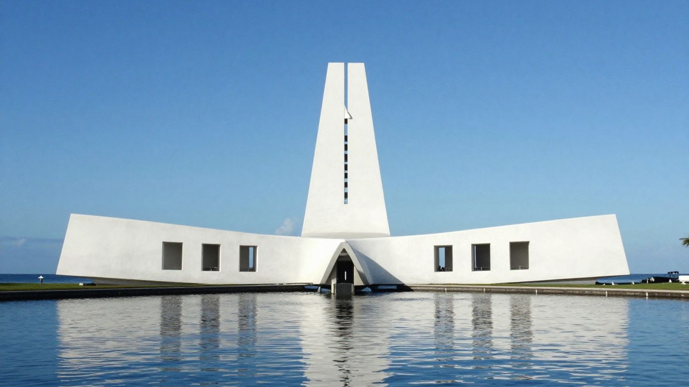 Pearl Harbor Memorial with calm blue water.