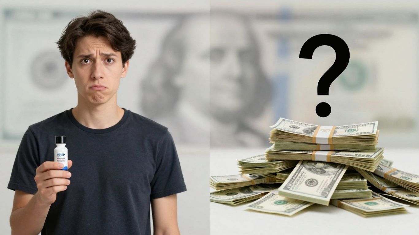 Persona dudando de producto bHIP y dinero con signo de interrogación.