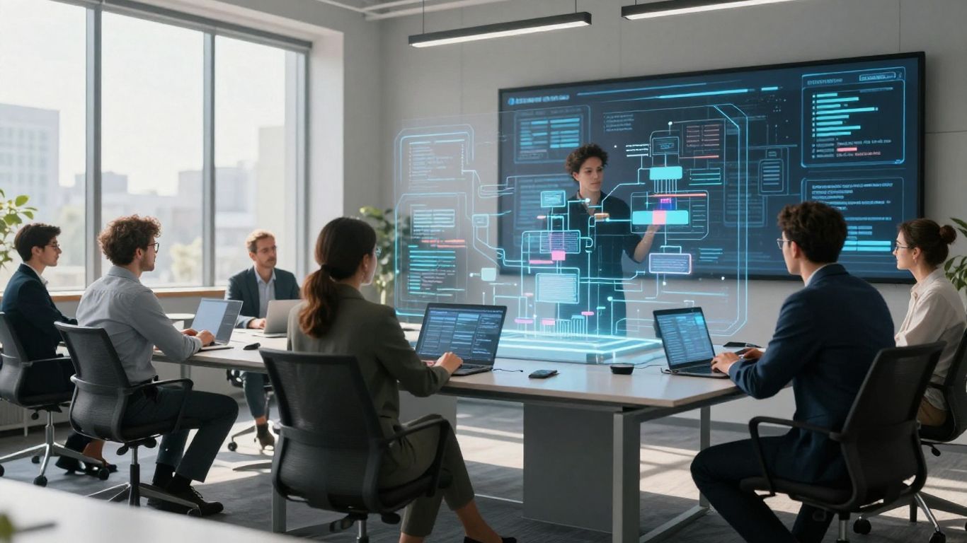 Business professionals interacting with a holographic software interface.