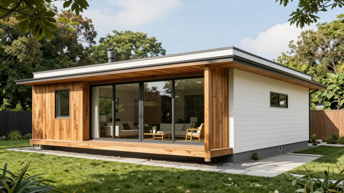 Modern home addition with large windows and green backyard.