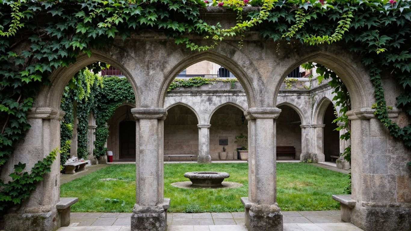 Stone arches framing a lush garden courtyard