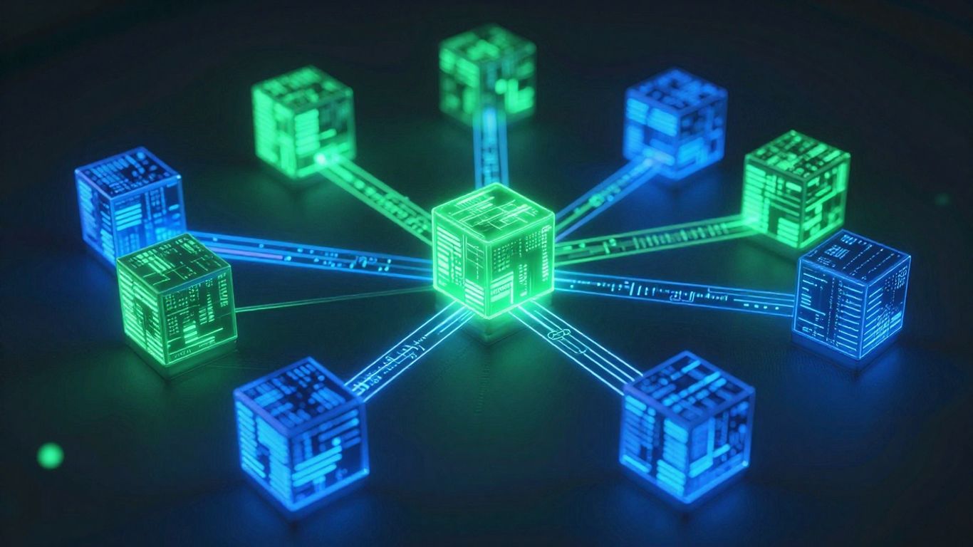 Interconnected digital blocks forming a secure blockchain.