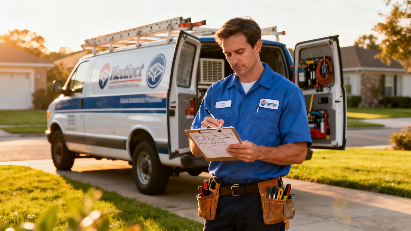 Technician reviewing seasonal HVAC performance