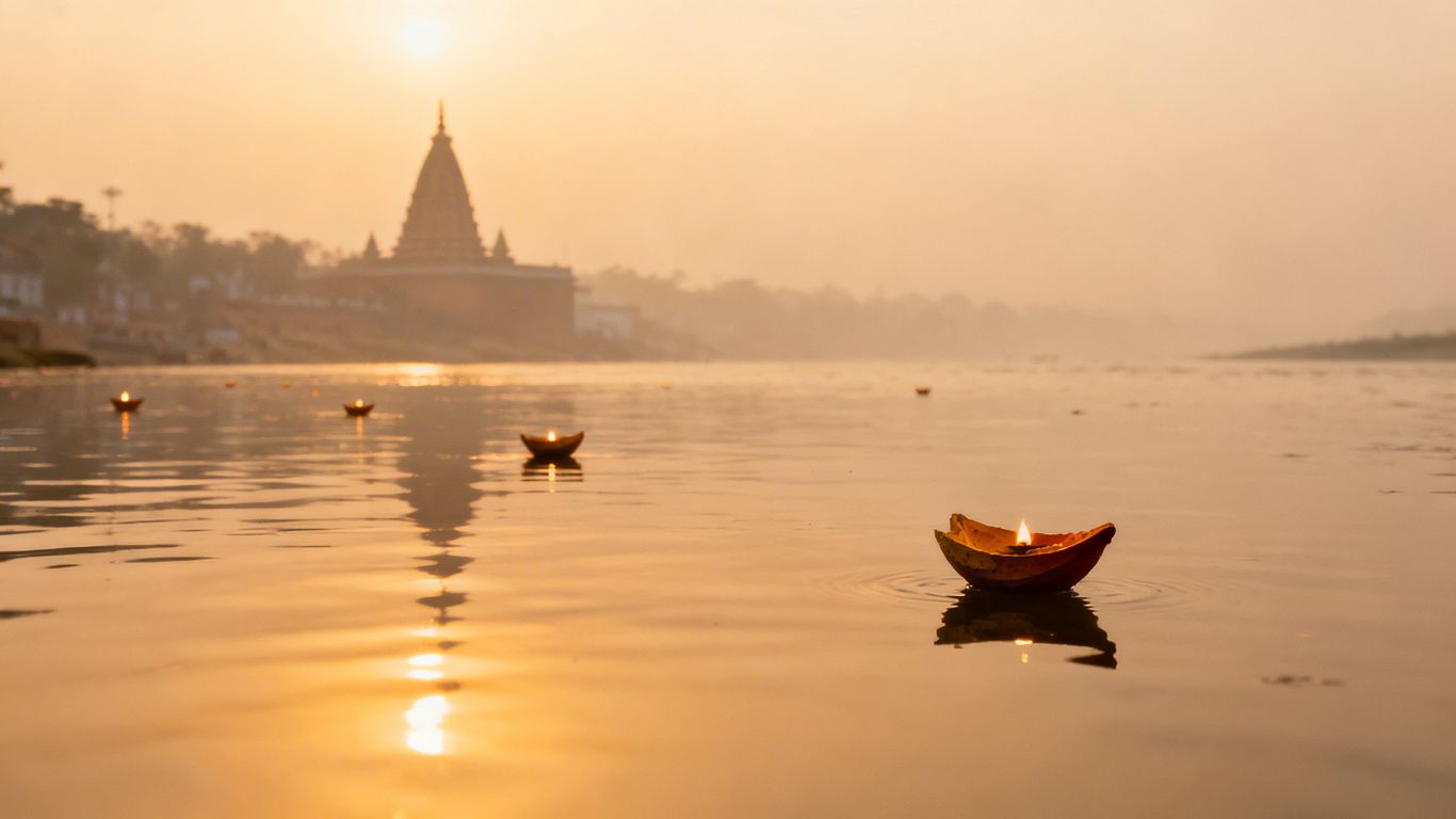 Ganga river at dawn with floating prayer lamps.