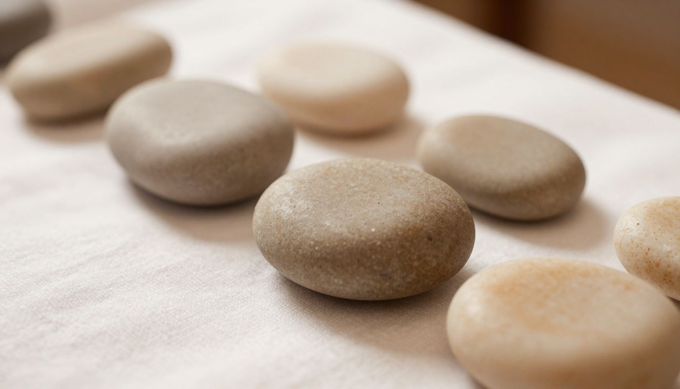 A close-up shot of warm, smooth spa stones arranged neatly, representing the peaceful and traditional healing methods used by a professional massage therapist.