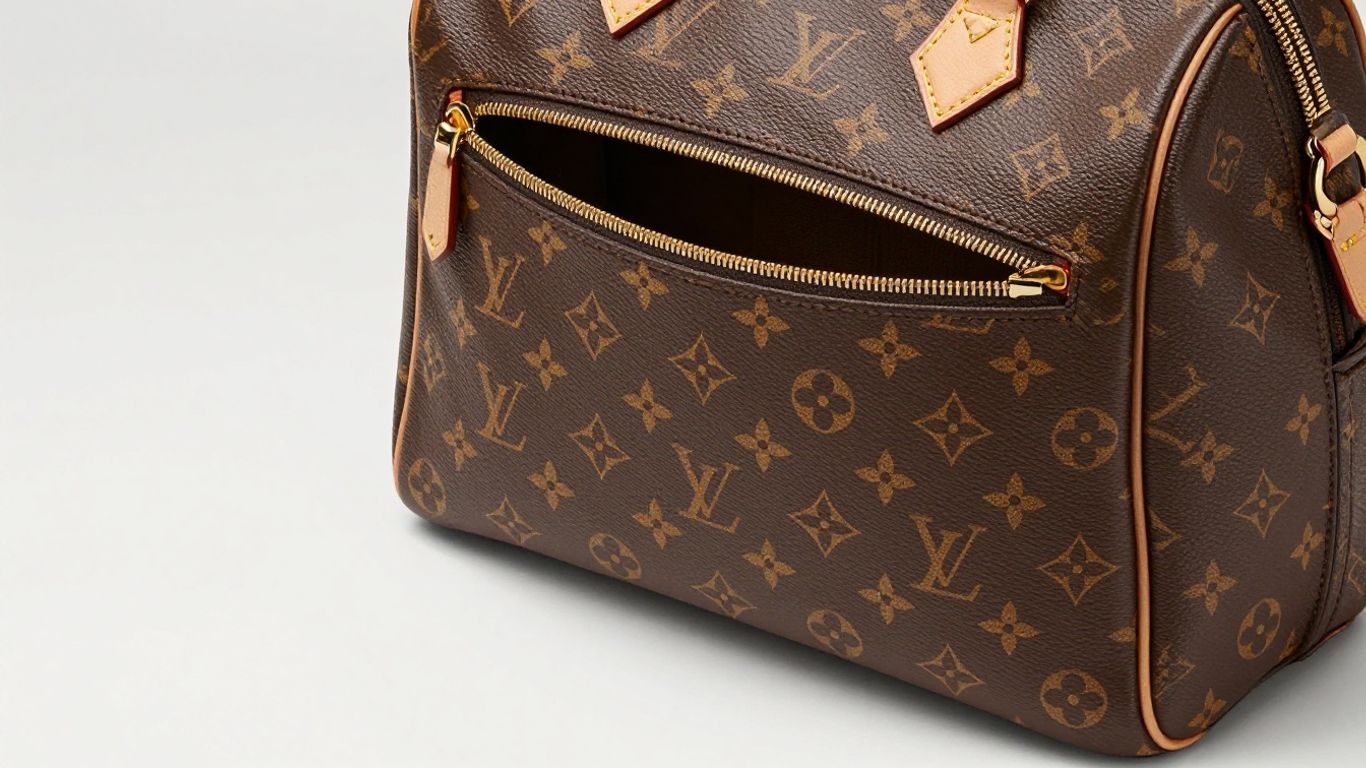 Louis Vuitton diaper bag on a neutral surface.