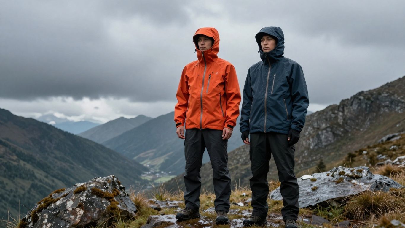 Person mit Hardshell- und Softshelljacke in Berglandschaft