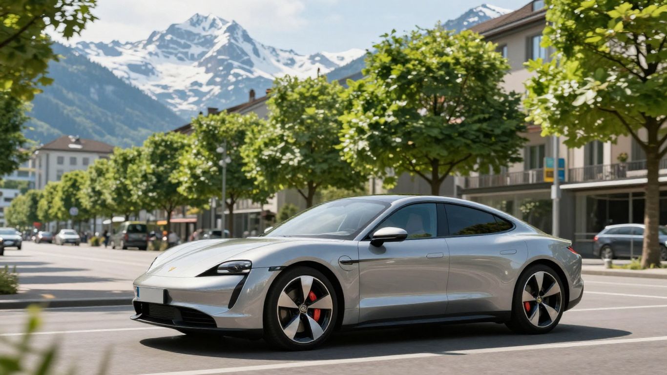 Elektroauto fährt durch Schweizer Stadt mit Bergen