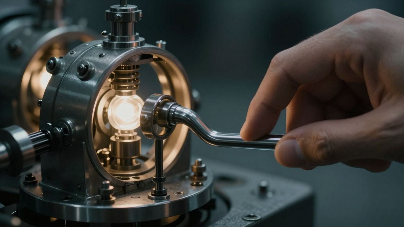 Hand pulling a hidden lever on a complex machine.