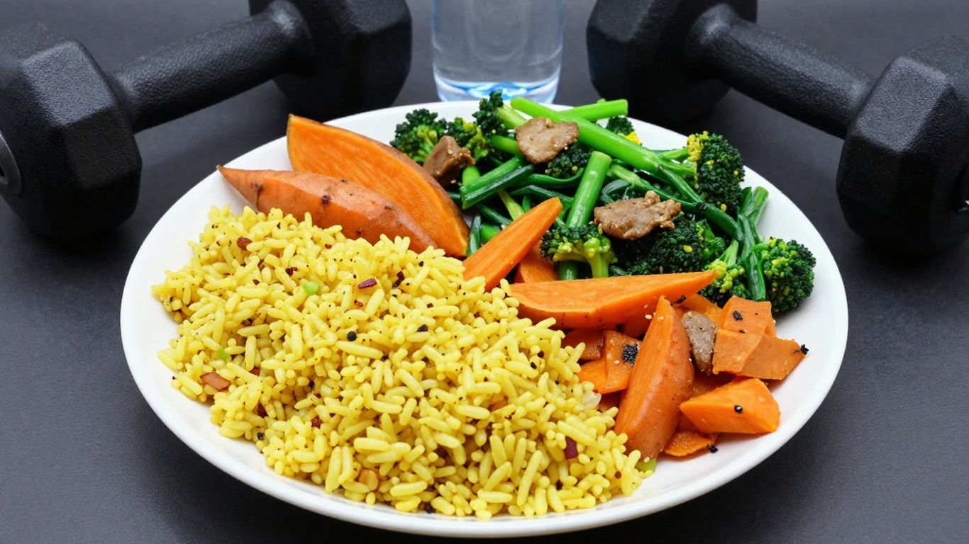 Plate with carbs, protein, and vegetables for training and recovery.