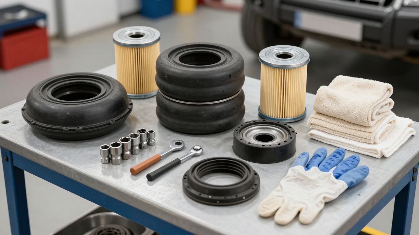 Transmission repair tools beside vehicle