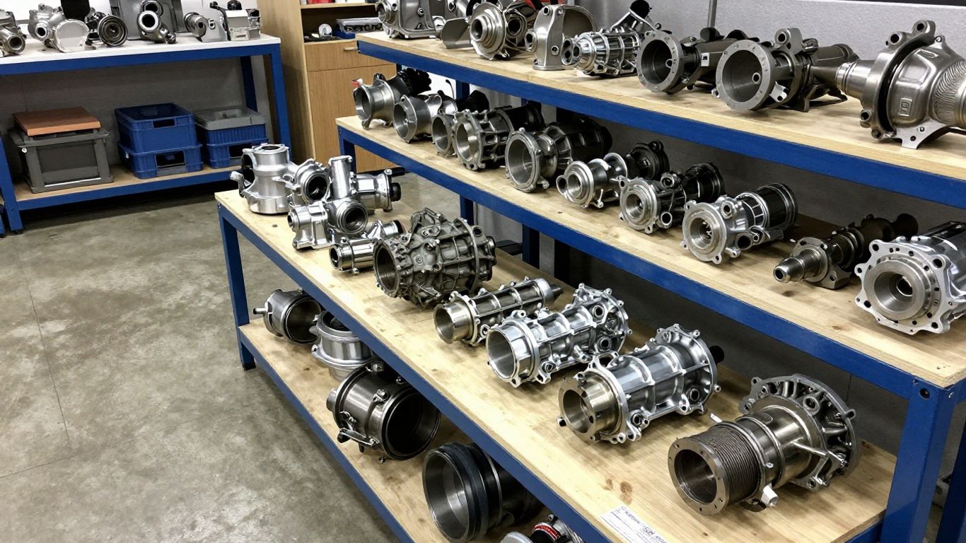Gearbox wreckers workshop with transmission parts.