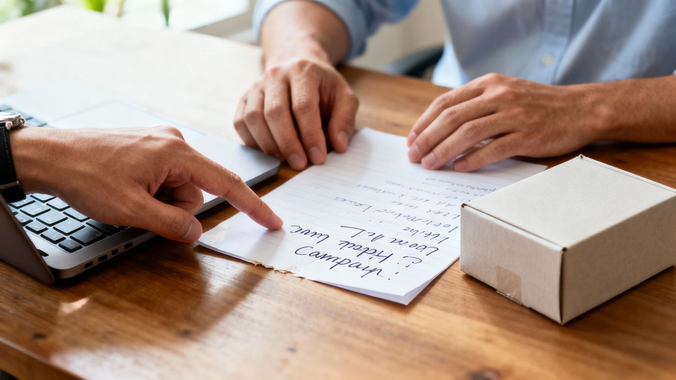 Hands comparing campaign notes with product packaging