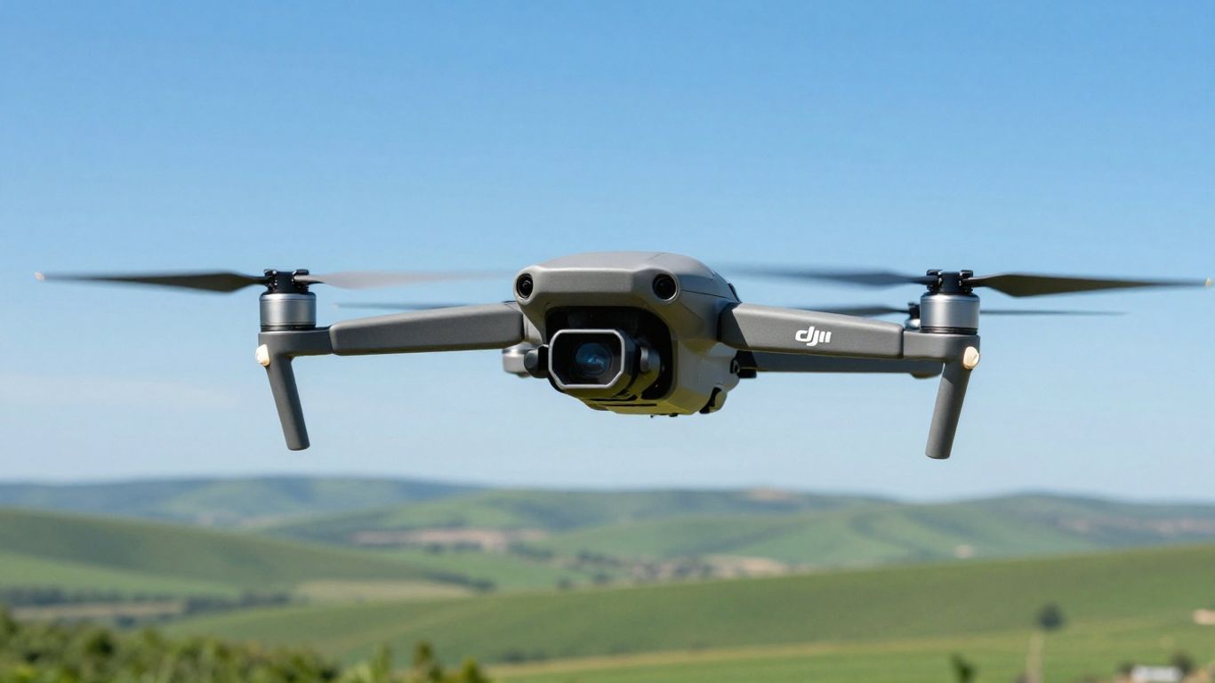 DJI drone flying over a green landscape.