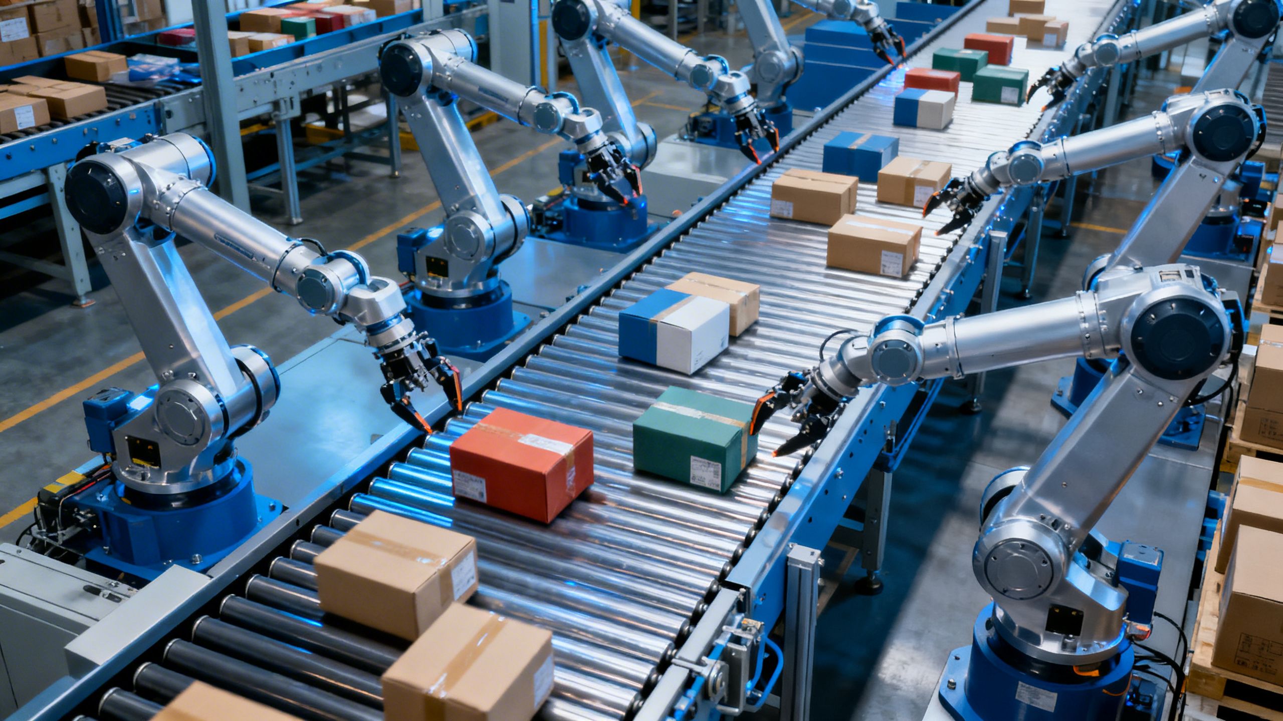 A modern warehouse automation system with robotic arms accurately sorting packages on a conveyor belt.