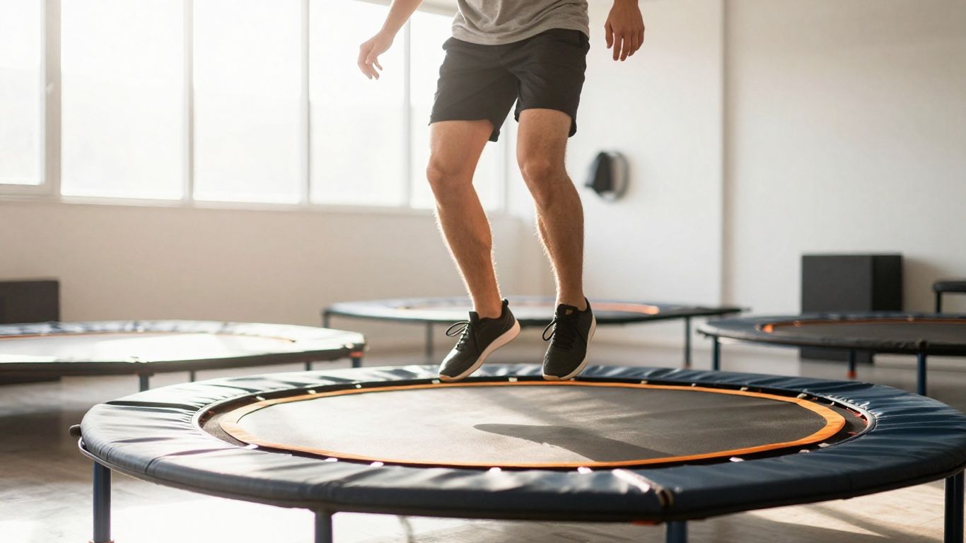 Person energetically rebounding on a mini-trampoline.
