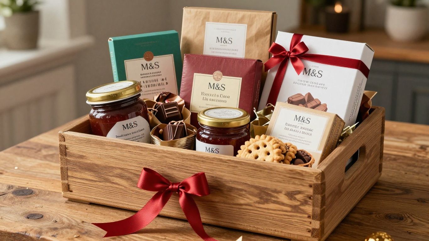 M&S hamper filled with gourmet food and festive ribbons.
