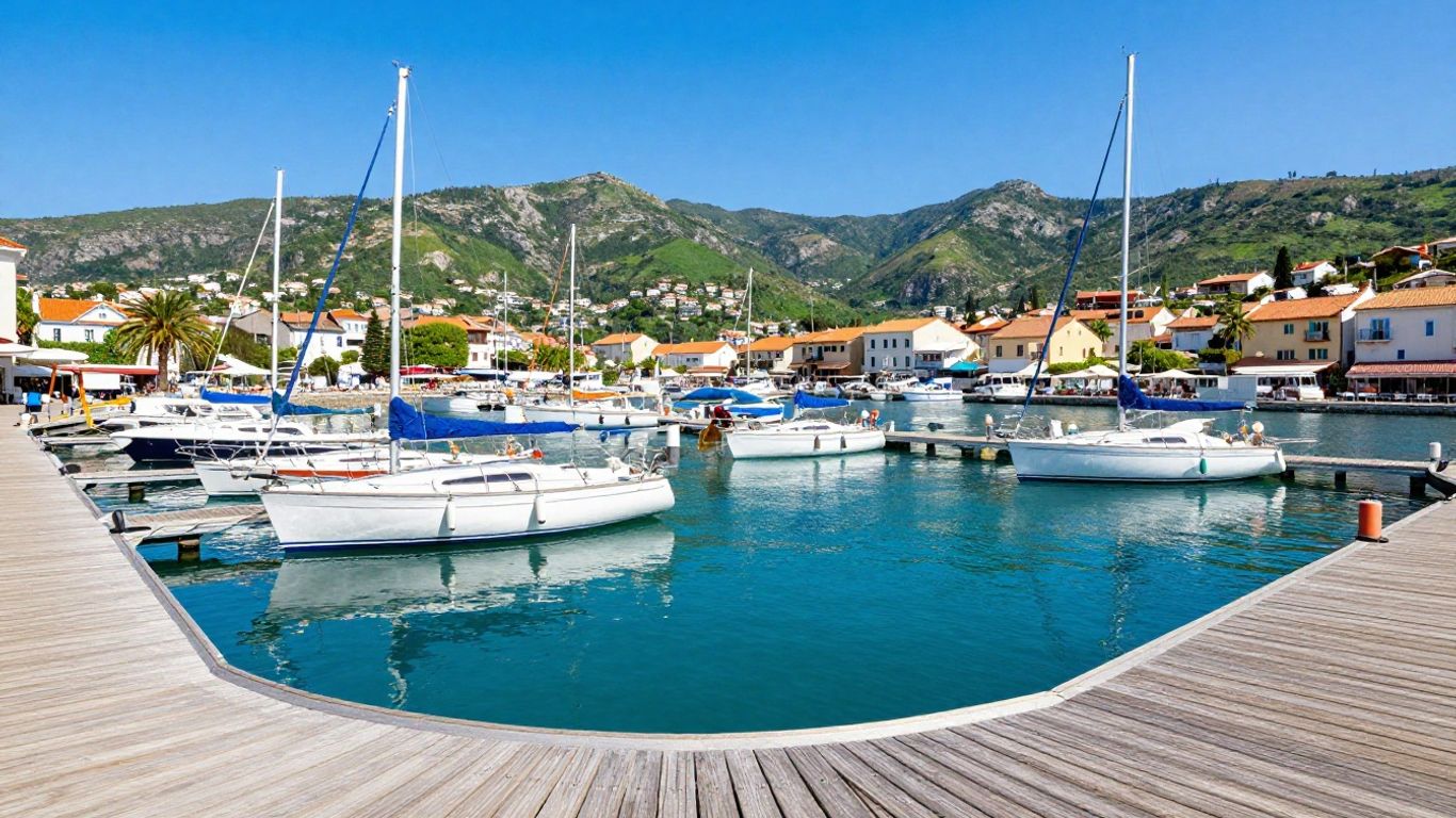 Sailboats docked in a sunny marina with a coastal town.