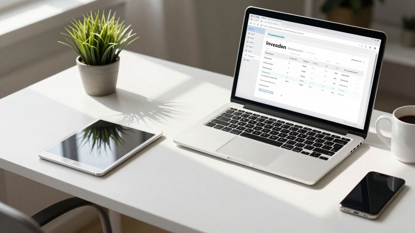 Contractor using invoice software on a laptop and tablet.