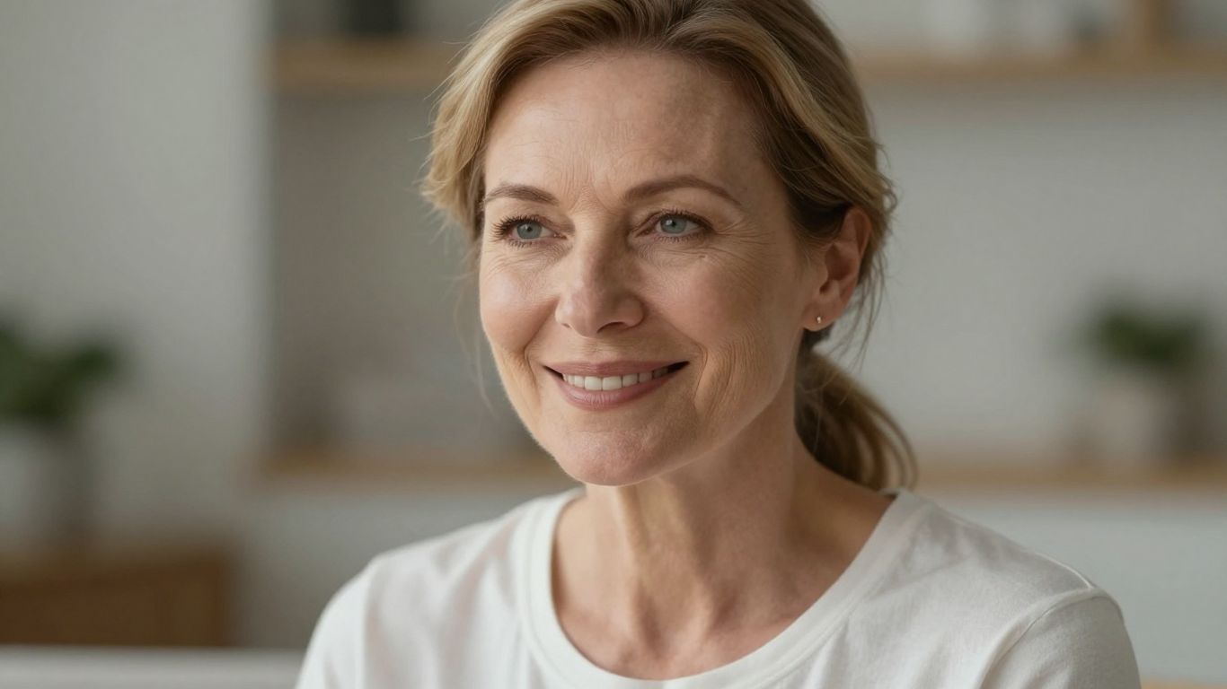 Mulher saudável e vibrante em ambiente sereno.