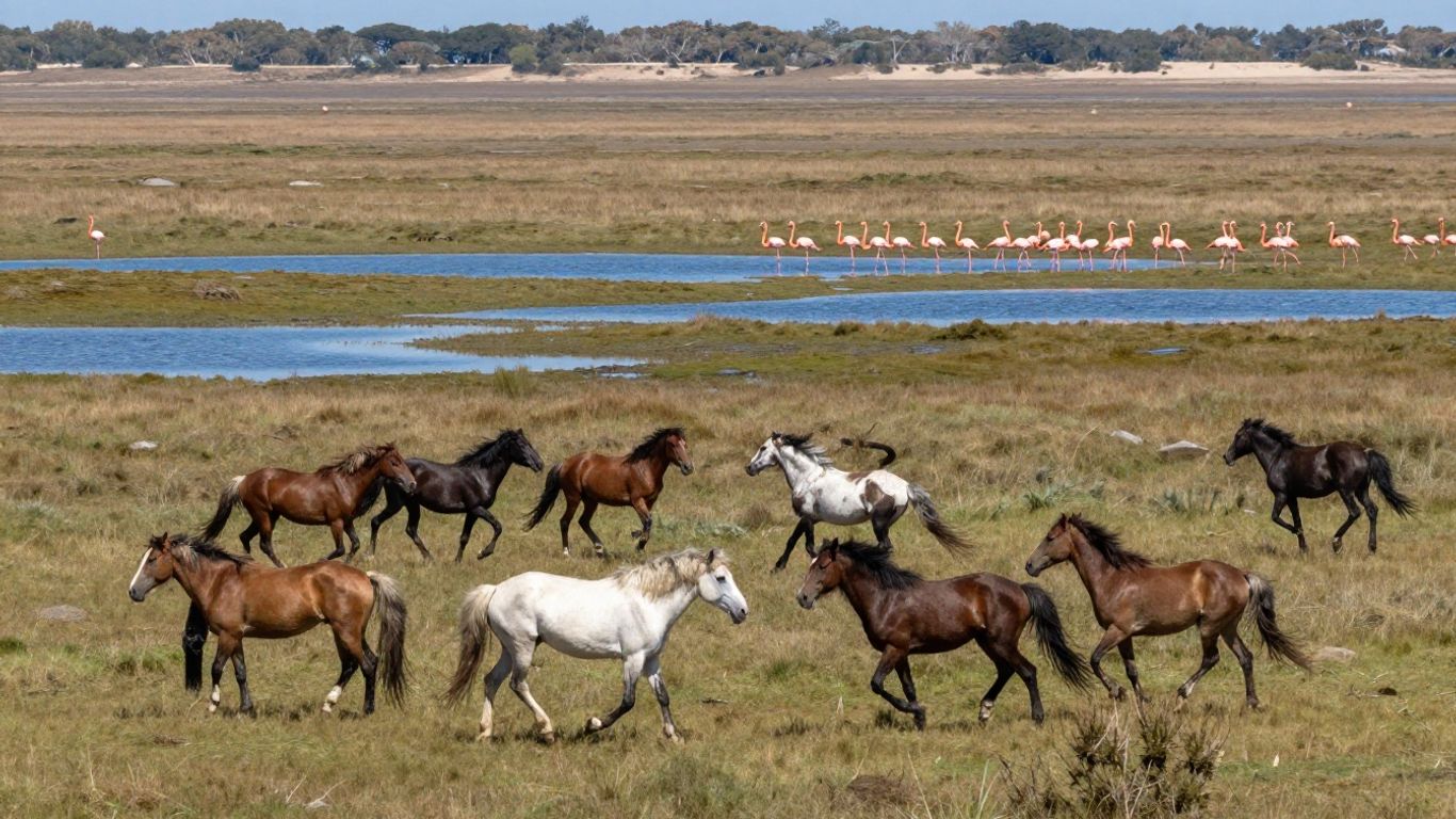 Wild horses and flamingos in the Camargue wetlands.
