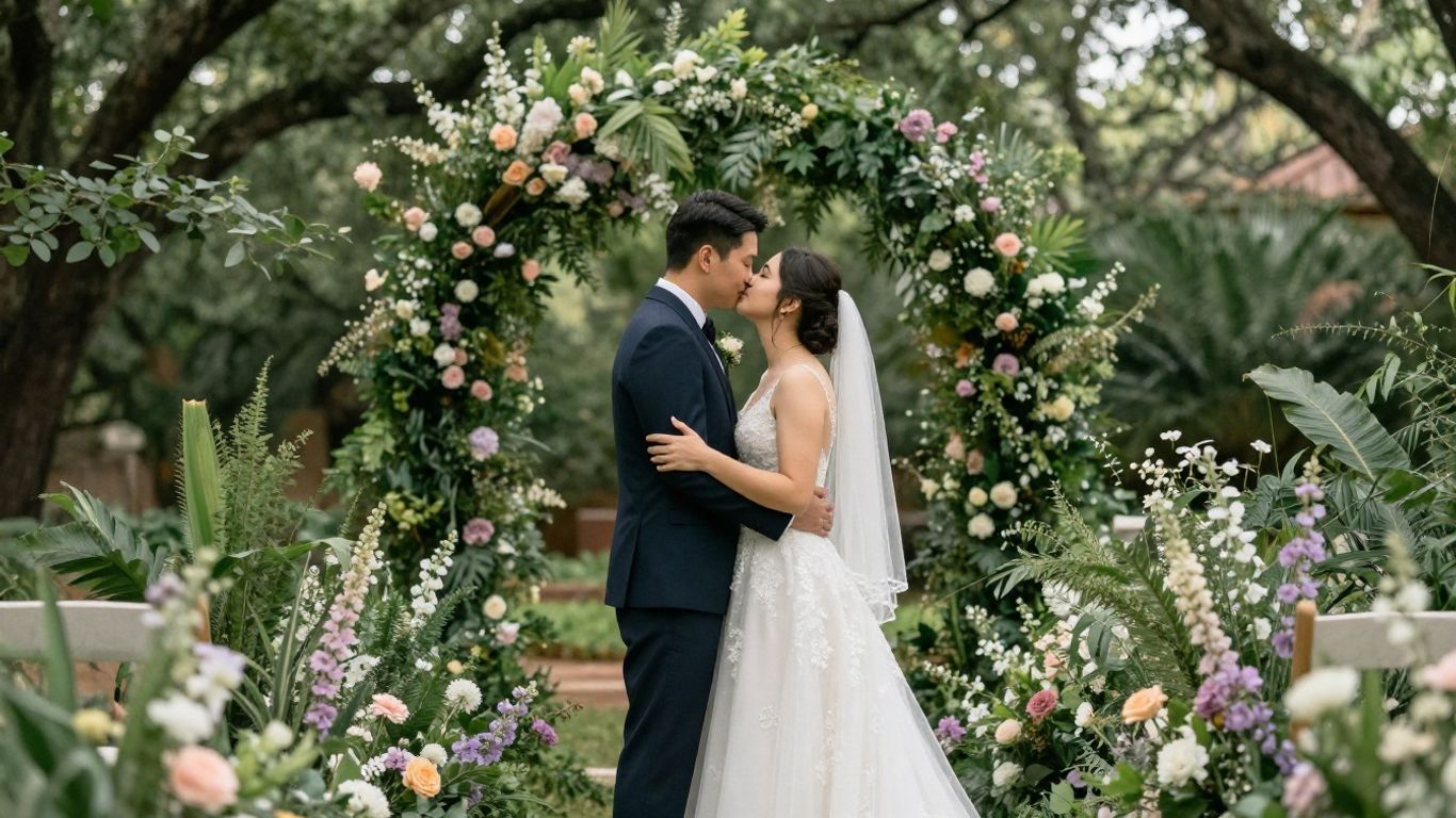 Couple embracing outdoors in Dallas with subtle floral arrangements.