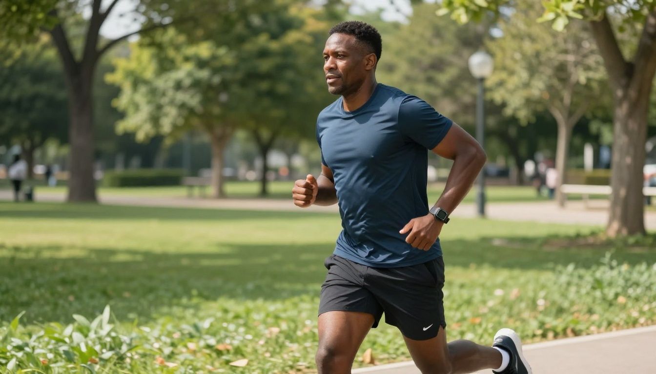 A diverse man in his 40s wearing a heart rate monitor while jogging at a steady, conversational pace in a modern, sunlit park setting, looking energetic and focused